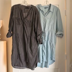 Athleta Light Blue Shirt Dress and Prana Black denim shirt dresses